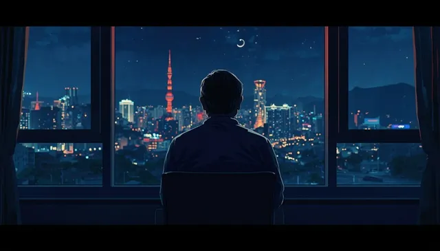 韓国・ソウルの夜景を窓越しに眺めながら、一人で座る主人公