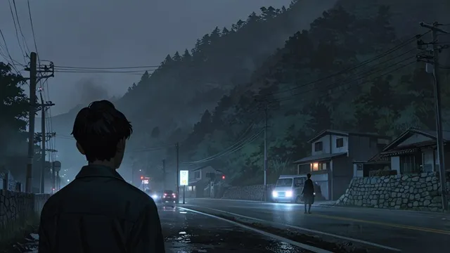 韓国の地方都市。夜の交差点に立つ主人公。