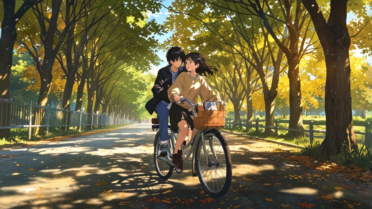 古い自転車に二人乗りするカップル イメージ