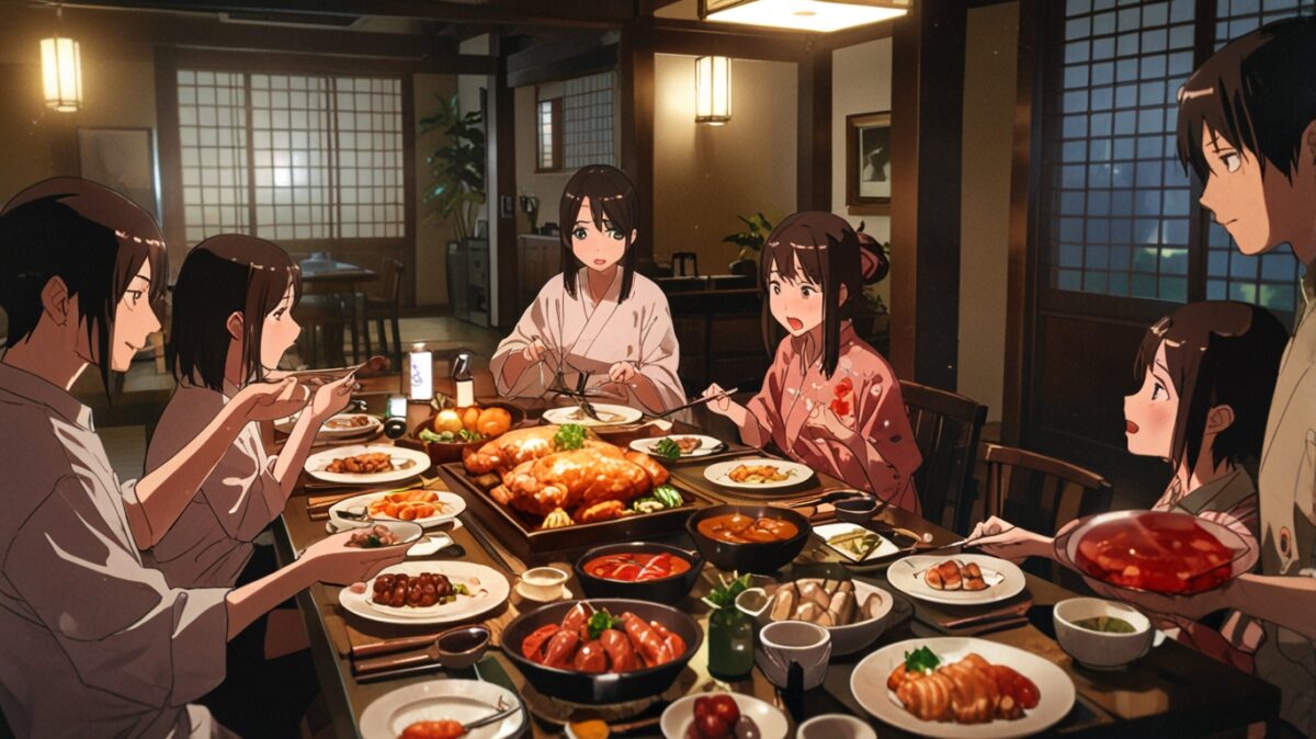旅館の食堂で食事を囲む登場人物 イメージ