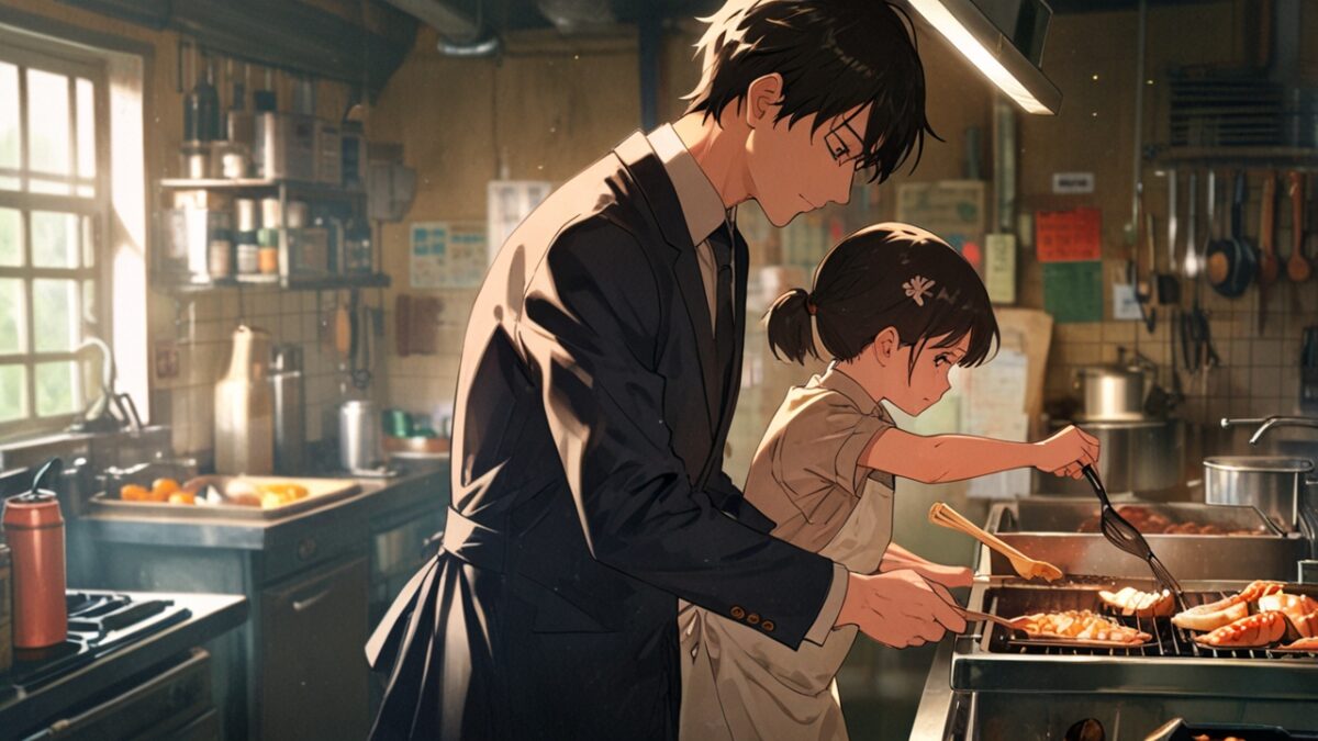 昼はスーツで選挙活動を行い、夜はエプロン姿で子どもの世話をする主人公、二足のわらじを履く姿をイメージ