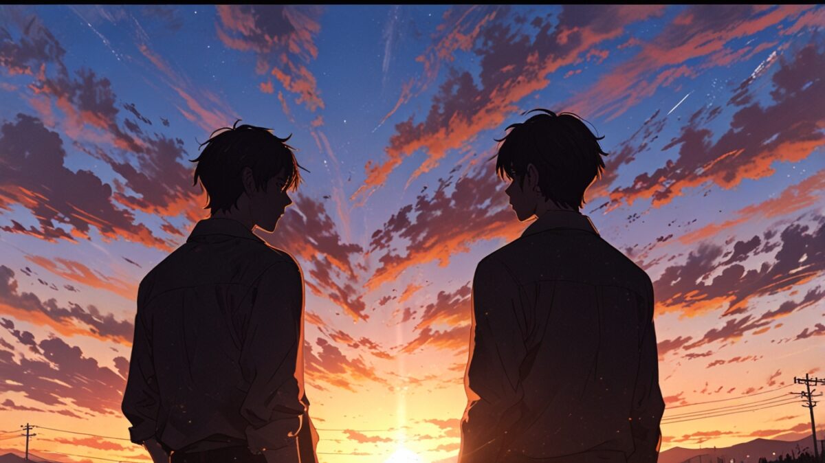韓国の夕焼け空を背景に立つ主人公二人のシルエット