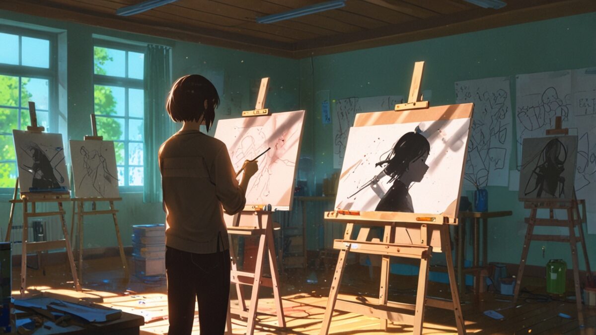絵の具やスケッチブックが散らばる美術室で、主人公が絵を描くシーン