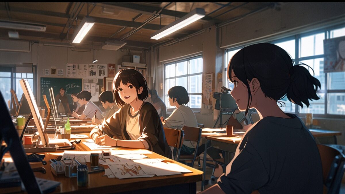 絵の具やスケッチブックが散らばる美術室で、主人公たちが絵を描くシーン