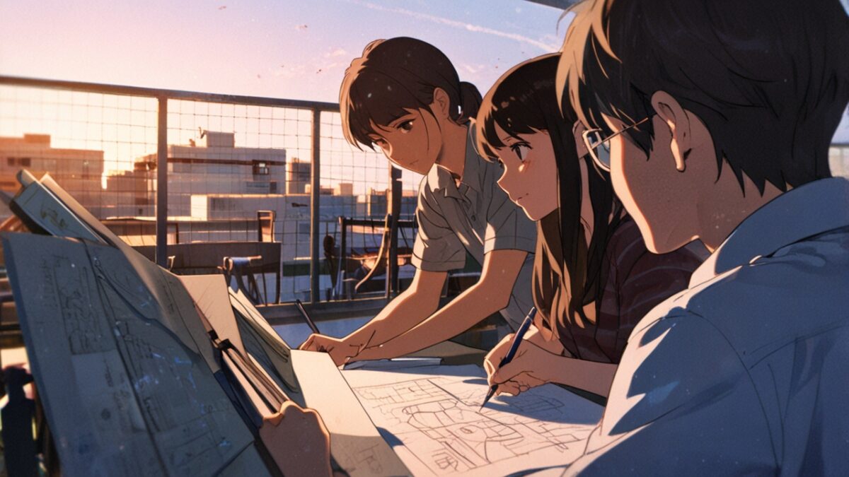 学校の屋上でスケッチをする主人公たちの横顔
