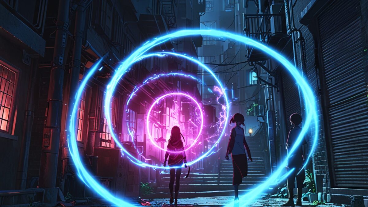 魔法陣が街の路地に浮かぶ イメージ