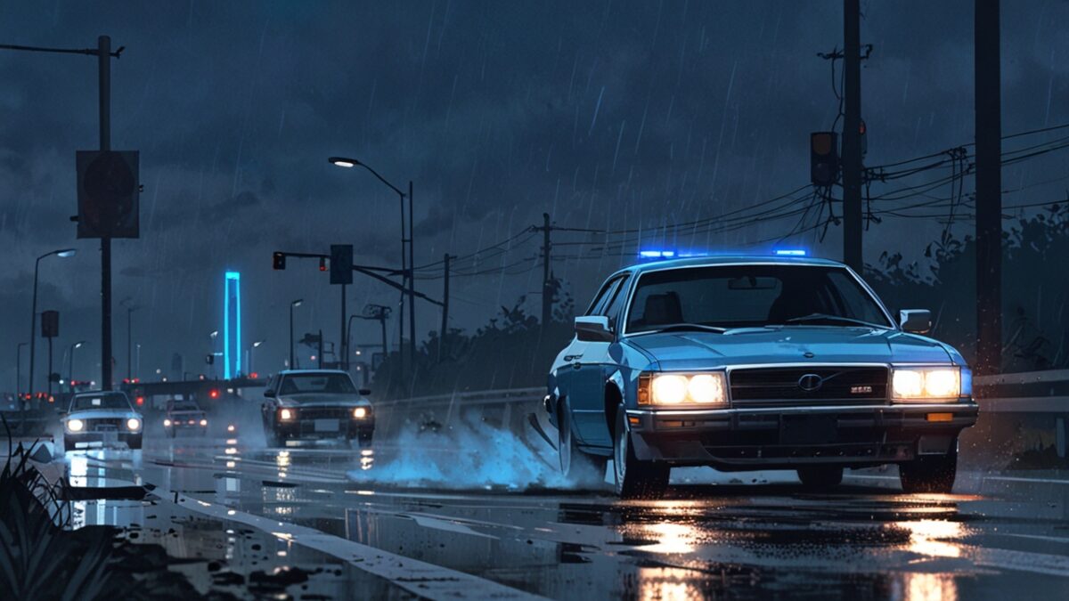 雨の高速道路でカーチェイス イメージ