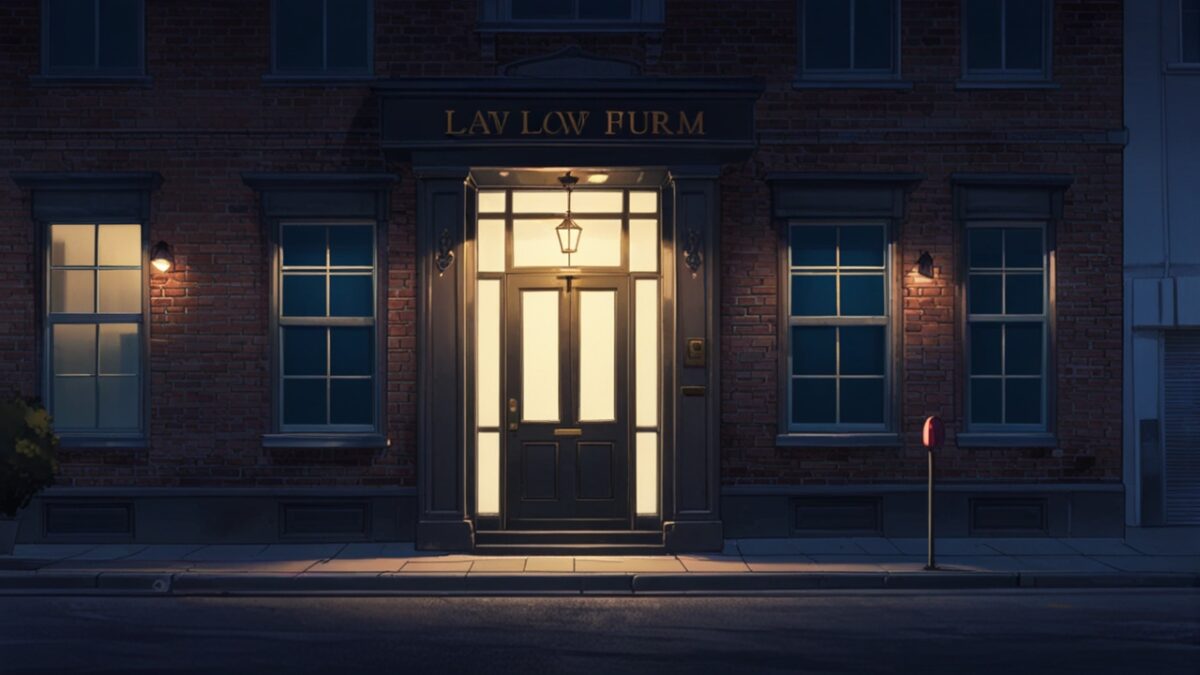 夜遅くまで明かりがついた法律事務所 イメージ