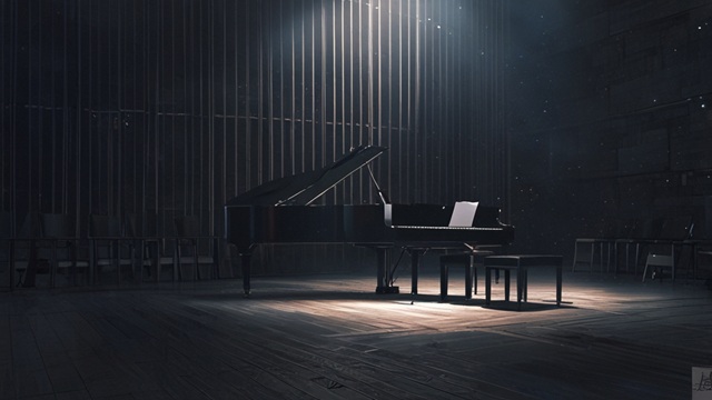 ピアノとストリングスを連想させる静かな音楽空間、夜の室内
