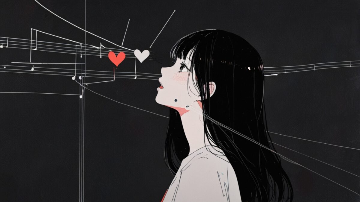 音源の波形と女性の横顔が重なるミュージックビジュアル