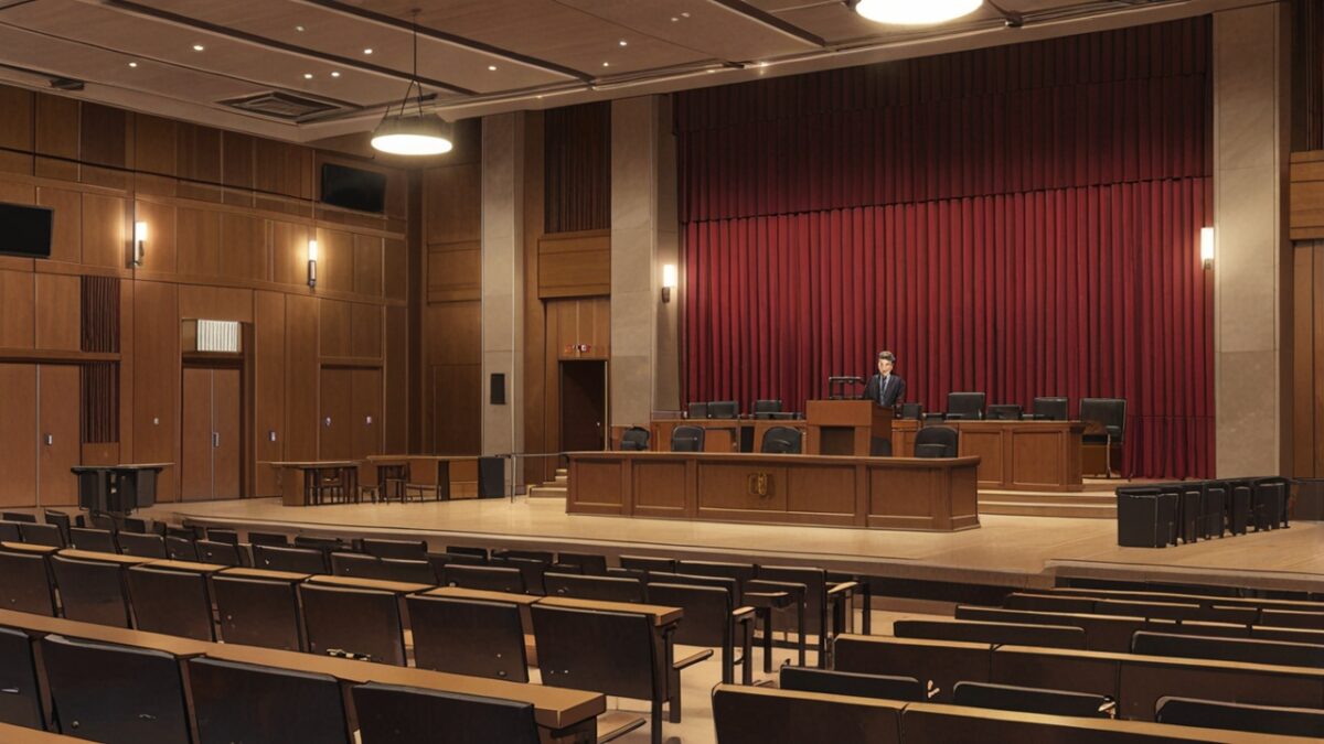 法廷とライブ会場が重なるイメージビジュアル