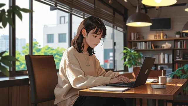 カフェでノートパソコンを開き執筆するユミ