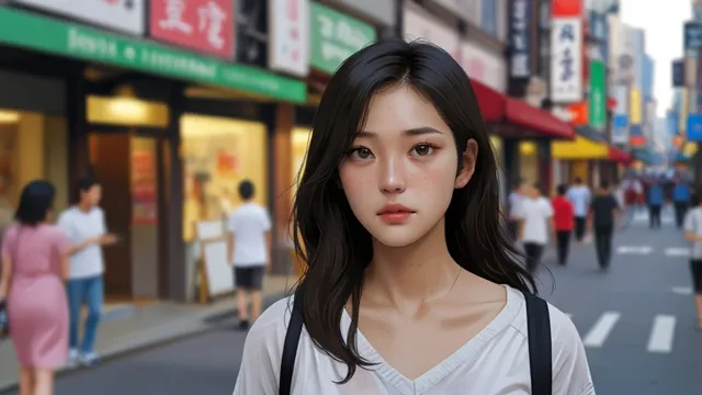 韓国の朝の街並みで歩くキム・ゴウン(イメージ)、すっぴん風メイクと自然な雰囲気