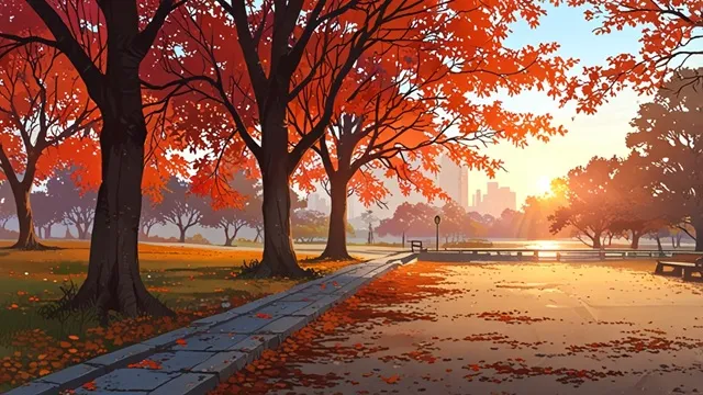 秋の公園、落ち葉と夕日