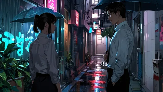 雨の降る韓国の路地裏、コ・ウンセとチャン・テハが見つめ合うシーン イメージ画像