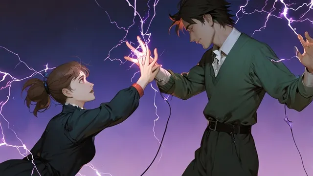 男女が手を伸ばし合うが触れられない構図、電気エフェクト、幻想的