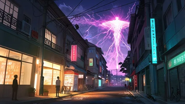 韓国の町で突然光が発生し、人々が驚くシーン、超能力の発現