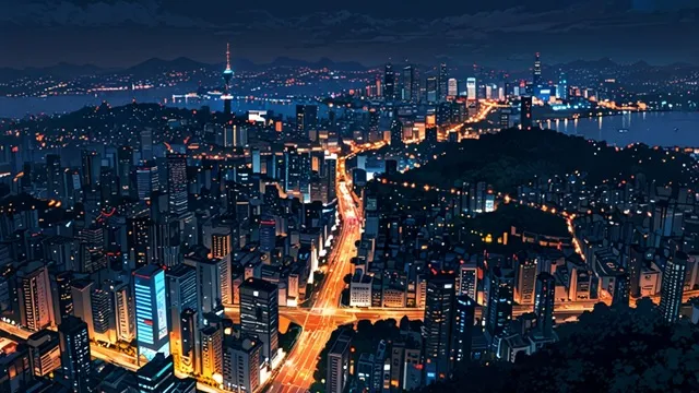 韓国ソウルの夜景、高層ビルとネオン　イメージ画像