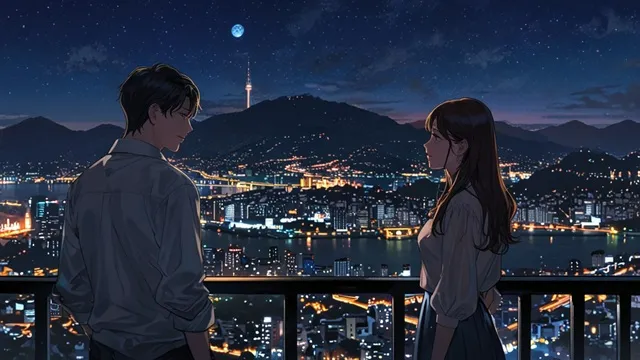 ソウルの夜景を背景に見つめ合う主人公の男女　イメージ画像