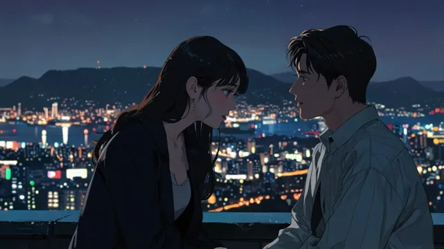 ソウルの夜景を背景に見つめ合う主人公の男女　イメージ画像