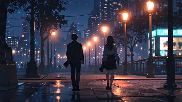 夜の街を並んで歩く主人公の男女　イメージ画像