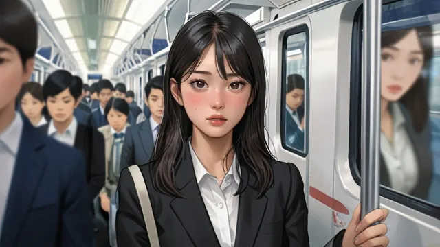 韓国の都会の朝、疲れた表情で通勤電車に乗る主人公イメージ画像