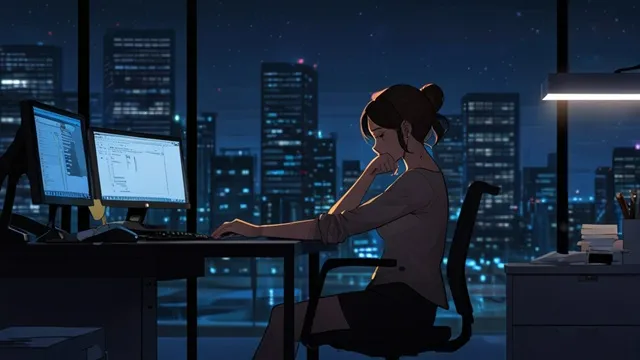 夜のオフィスで一人パソコンに向かう主人公、静かな照明と孤独感
イメージ画像
