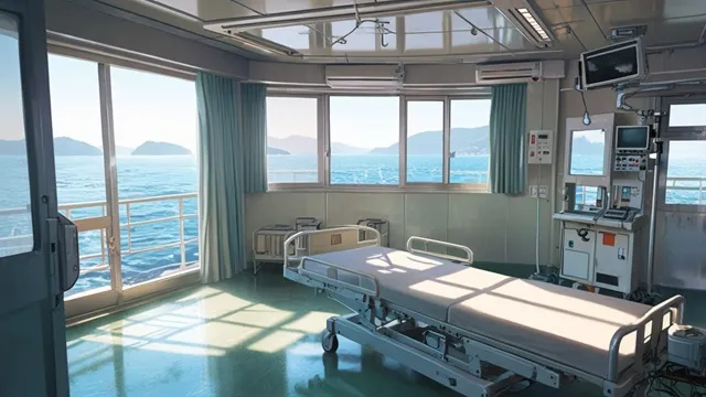 韓国の病院船内部、狭い診療室と古い医療設備、窓の外に広がる海
イメージ画像