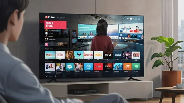 動画配信サービスを検索する人物。テレビ画面に韓国ドラマのサムネイルが並ぶ様子