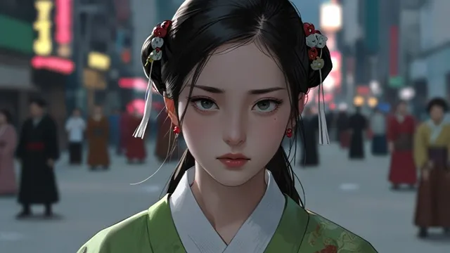 現代ソウルの街を背景に韓服の女性が立っている異世界感