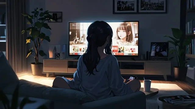 女性がNetflixをテレビで視聴しているシーン