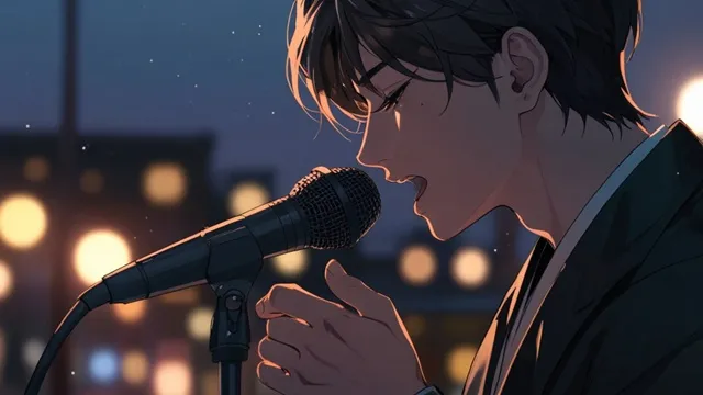 バラードを歌う韓国男性シンガー、夜景背景 イメージ画像