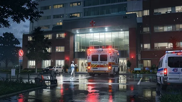 夜の韓国大学病院、雨に濡れた救急搬入口、救急車の赤色灯、走る医師と看護師　イメージ画像