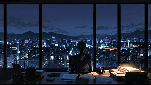 深夜の法律事務所で一人残業するウンギョン
、窓の外に広がるソウルの夜景　イメージ画像