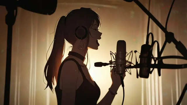 スタジオで歌を録音する女性シンガー、シルエット演出
