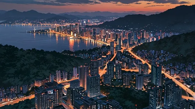 韓国の高級ホテルを背景にしたラグジュアリーな都市風景、夜景が輝くソウル イメージ画像