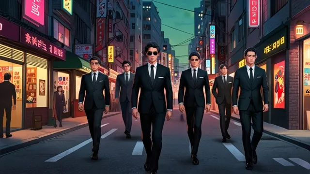 黒いスーツを着た男性たちとカラフルな地元の人たちが共存する、韓国のダウンタウン