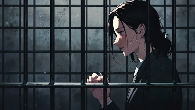 刑務所の鉄格子越しに遠くを見つめるカン・ユジョン イメージ画像