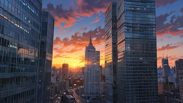 現代の韓国・ソウル中心街、高層ビル、夕暮れ