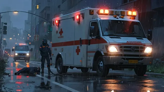 交通事故直後の雨の夜、救急車のライト