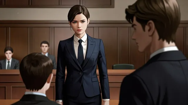 スーツ姿の女性弁護士すオスジェと法学生コン・チャンが向かい合う緊張感あるシーン