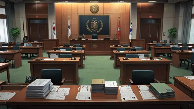 韓国の裁判所内部、静まり返った法廷、証拠資料が並ぶ弁護士席 イメージ画像