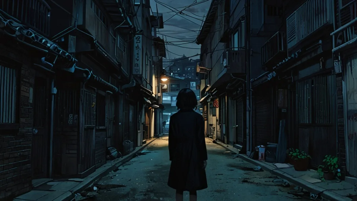 夜の韓国都市で一人立つ女性主人公ハン・ヨンス