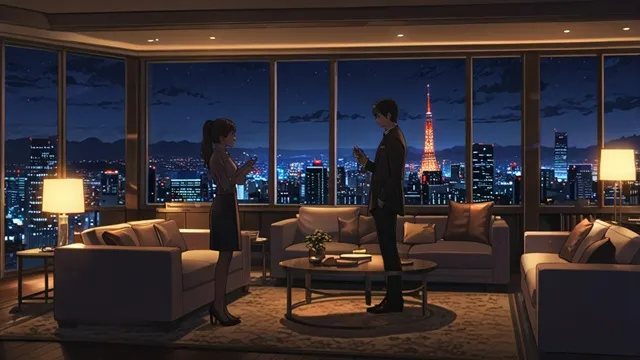 ソウル中心部の高級ホテル最上階ラウンジ、夜景を背景に向かい合うク・ウォンとチョン・サラン