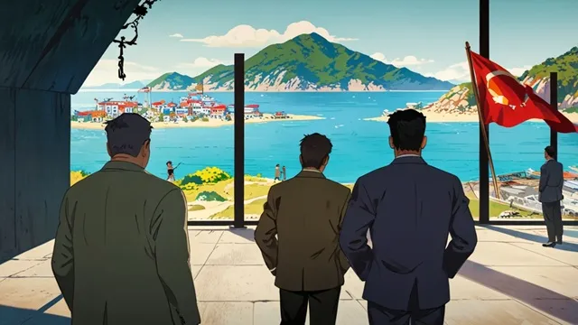 韓国の海辺で3人の中年男性が言い争いながらも共に歩く イメージ画像