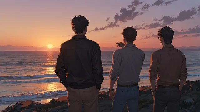人生の折り返し地点を迎えた韓国人男性3人が夕暮れの海を見つめる後ろ姿