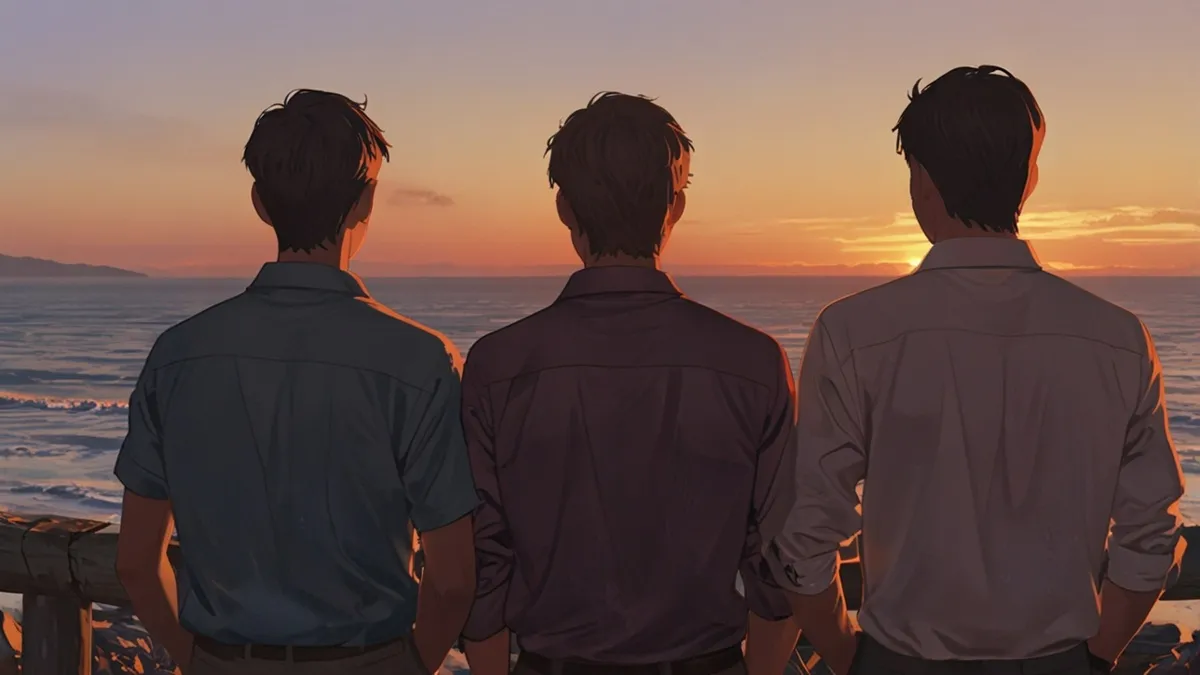 人生の折り返し地点を迎えた韓国人男性3人が夕暮れの海を見つめる後ろ姿