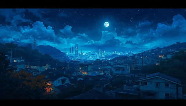 韓国・ソウルの夜景を背景に、静かな住宅街と月明かり、幻想的な青い光が漂う夢の世界を表現