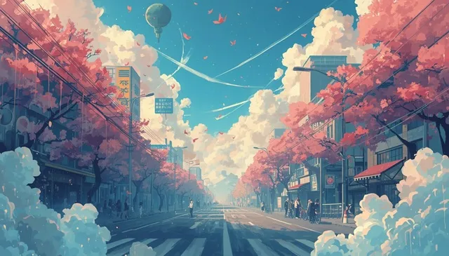 韓国の街並みを背景に、夢と現実が重なり合う幻想的なイラスト