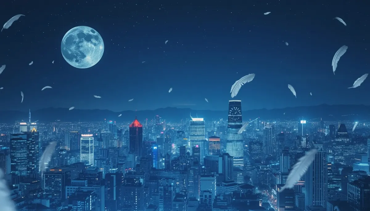 ソウルの高層ビル群と夜空、青白い月、未来を暗示する時計や羽根が浮かぶ幻想的な世界
